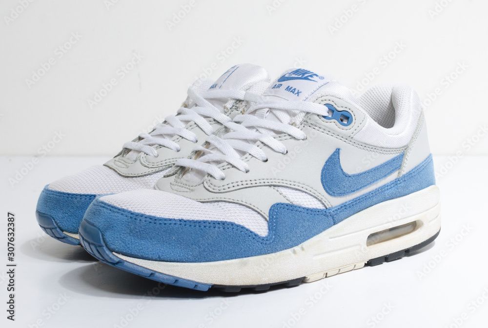 london, englabnd, 05/08/2018 Nike Air max 1 , White and light blue. Nike  air max retro classic sneaker trainers. Nike sport and street wear  fashionable athletic apparel. Isolated nikes. Stock-Foto | Adobe Stock