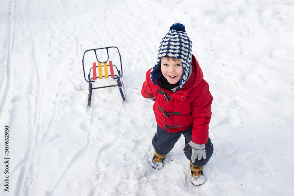 Cute kid with sledge in winter snowy park