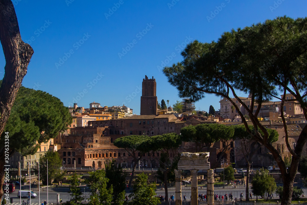 background view of  museum grounds and antique ruins in the Roman Forum on Capitol Hill, Rome, Europe