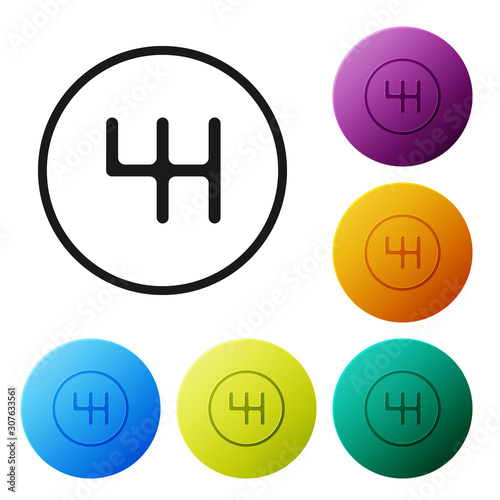 Black Gear shifter icon isolated on white background. Transmission icon. Set icons colorful circle buttons. Vector Illustration