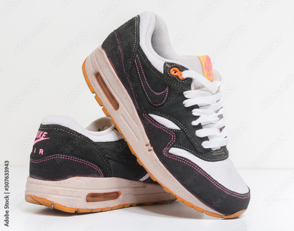 london, england 05/08/2018 Nike Air max 1 customs , White and black with  pink stitching