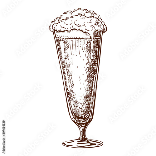 vector hand drawn tall beer glass full of beer with foam. Beautiful vintage beer mug or pilsner with dropping froth isolated on white background. Alcoholic beverage in glassware ink drawn style.