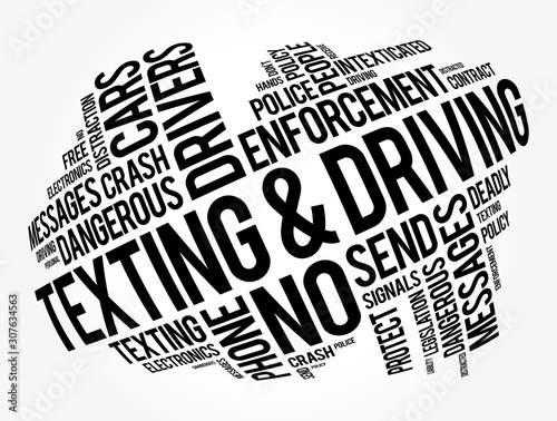 Texting and Driving word cloud collage, social concept background