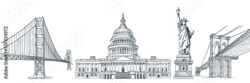 Travel to USA hand drawn design elements. Vector sketch illustration. United States of America famous symbols, isolated