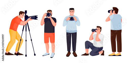 Man travel photographer in different poses. Vector flat illustration. Male with digital camera, cartoon character