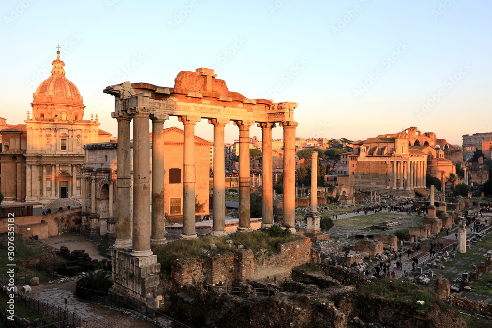 The Ruins of Roman's forum at sunrise, ancient government buildings , temple and shrine of old Roman empire