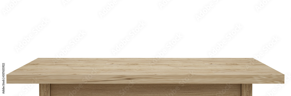 Empty Light wooden table top isolated on white background with clipping path, of free space for your copy and branding. Use as products display montage. Vintage style concept present, 3d illustration Empty Light wooden table top isolated on white background with clipping path, of free space for your copy and branding. Use as products display montage. Vintage style concept present, 3d illustration