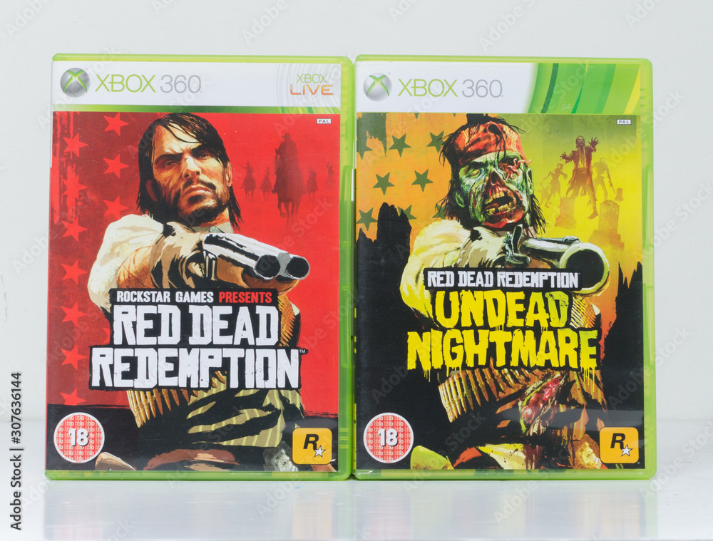 london, england, 05/05/2018 Rockstar video games for the xbox 360. red dead  redemption and red dead redemption undead nightmare classic adventure games  isolated on white. Photos | Adobe Stock