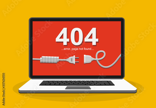 Electrical outlet and plug unplugged. 404 error, page not found, connection error or time out on laptop. Vector illustration in flat design.