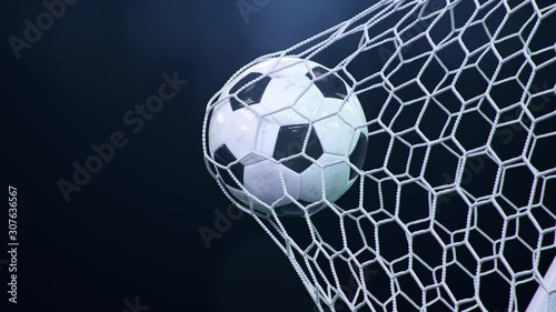 Soccer ball flies beautifully into the goal in slow motion. Soccer ball flies into the goal bending the grid on, ball rotating in slow motion. Moment of delight in football 3d 4k animation