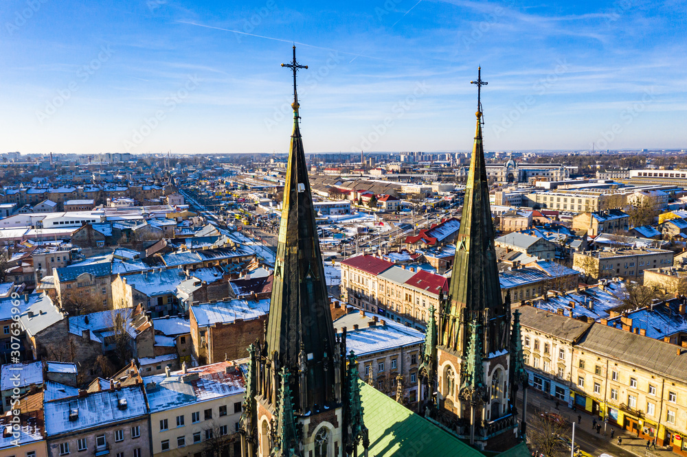 Aerial veiw on Elizabeth church in Lviv, Ukraine from drone. Closeup Aerial veiw on Elizabeth church in Lviv, Ukraine from drone. Closeup