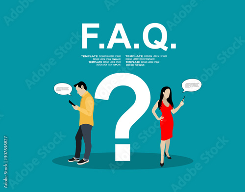 Young men and women standing near big question symbol and using their smart phones for texting to live chat, asking for help via internet. Flat concept illustration of online support.