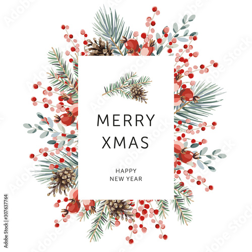 Christmas nature design frame, text Merry Xmas, white background. Green pine, fir twigs, cones, red berries. Vector illustration. Greeting card, poster template. Winter holidays forest 