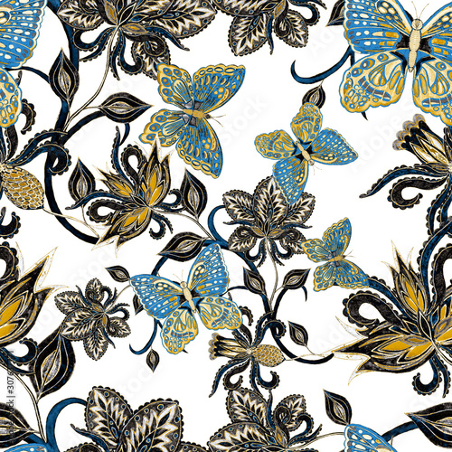 Watercolor seamless pattern with paisley fantasy flowers and butterflies in ethnic style. Floral decoration. Traditional paisley pattern. Textile design texture.Tribal ethnic vintage seamless pattern. photo