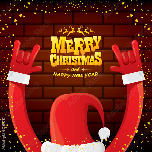 vector cartoon Santa Claus rock n roll style with golden greeting text on brick wall background with christmas star lights. Merry Christmas Rock n roll party poster design or greeting card.