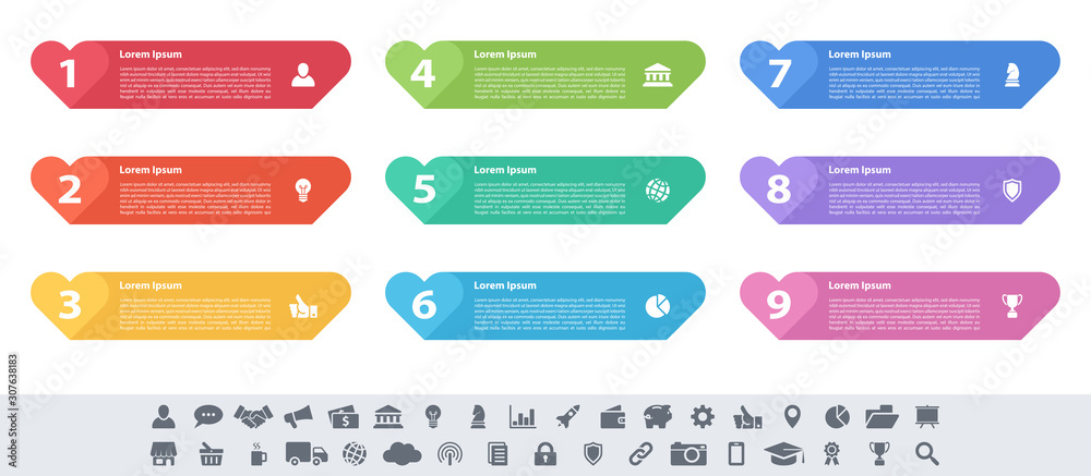 Infographic design business concept vector illustration with 9 steps or options or processes represent work flow or diagram or web button banner Infographic design business concept vector illustration with 9 steps or options or processes represent work flow or diagram or web button banner