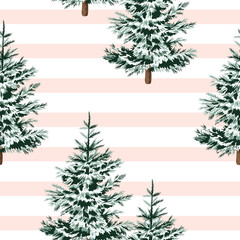 Fototapete Waldmuster Weihnachtsbäume floral auf Streifenhintergrund  © good_mood