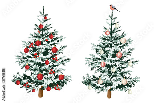 Christmas tree decor red and white balls winter woodland clip art.