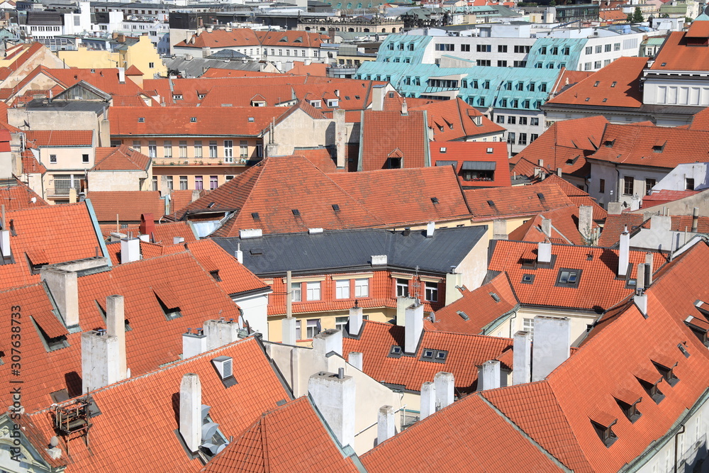 Classic Prague - aerial view to old roof buildings and street ,  Czech Republic