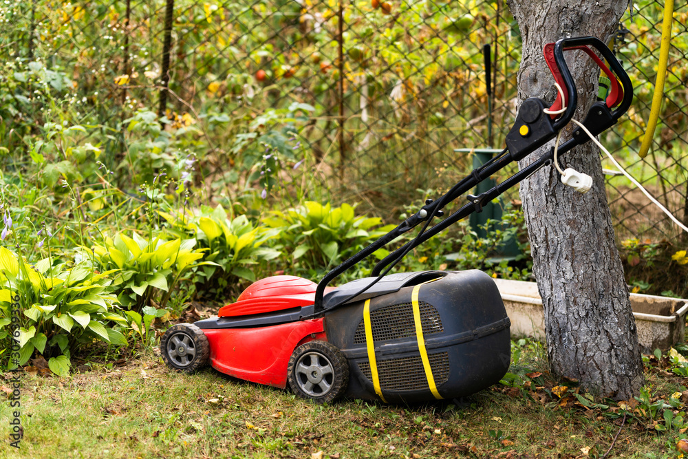 Lawn mower on green grass in the backyard garden background. Red machine with tank for grass. Gardening concept. Lawn mower on green grass in the backyard garden background. Red machine with tank for grass. Gardening concept.