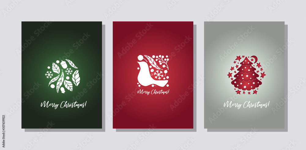Set of three cards Merry Christmas and Happy New Year