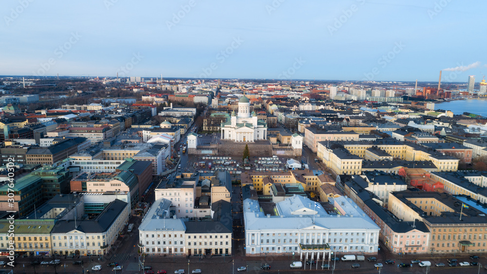 Aerial drone view of Helsinki capital city of Finland. Top view of a crowded Christmas market at the Senate Square in Helsinki, Finland.
