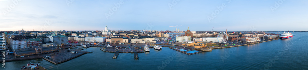 Panoramic view of Helsinki at sunset with a Cathedral church and Market Square area on the shore of Baltic Sea in Helsinki, Finland
