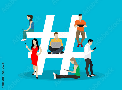 Hashtag concept illustration of young people using mobile tablet and smartphone for sending posts and sharing them in social media. Flat vector hashtag big symbol with guys and women follow the trend