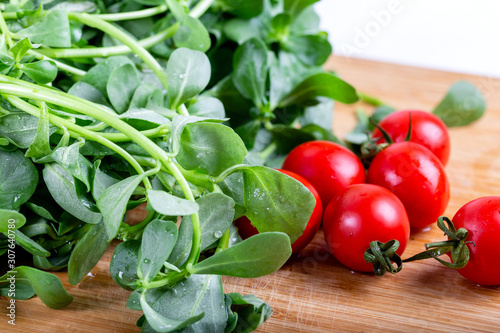 Washed fresh purslane and tomatoes. Close-up. photo