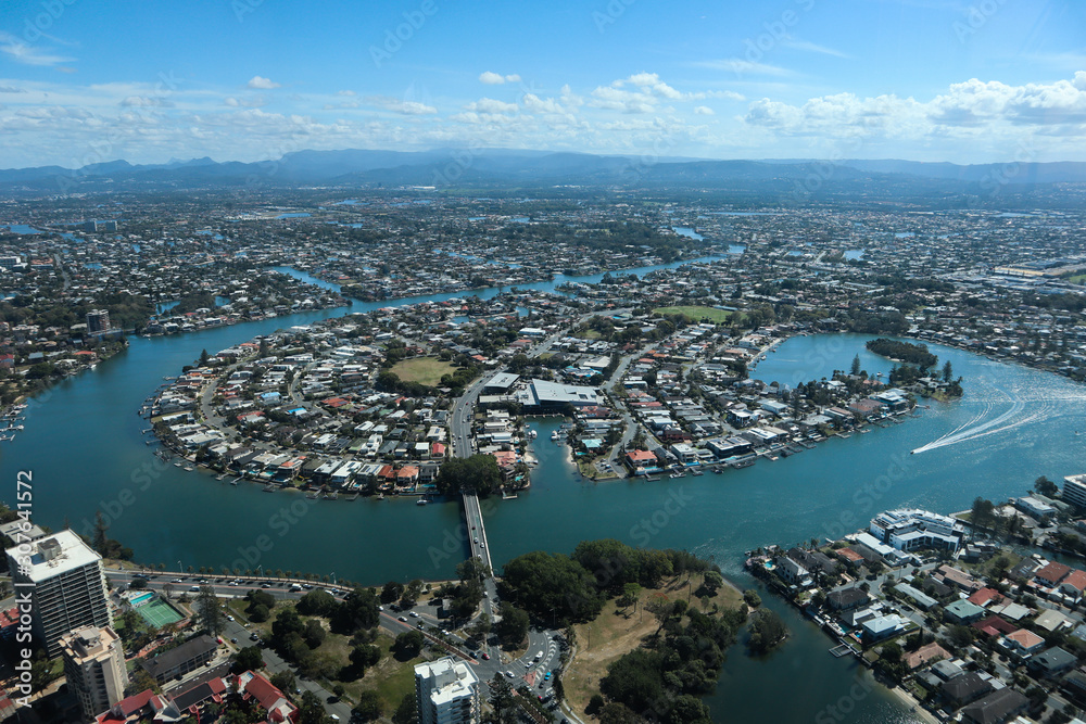 Cityscape viewed from above of the city of Gold Coast