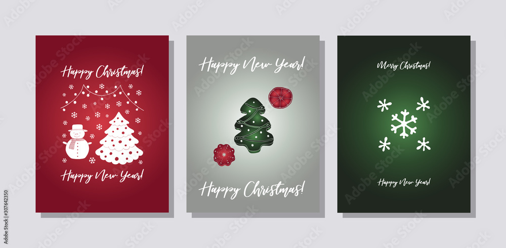 Set of three cards Merry Christmas and Happy New Year