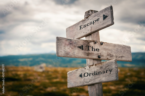 Escape the ordinary text on wooden rustic signpost outdoors in nature/mountain scenery. Adventure and holiday concept. photo