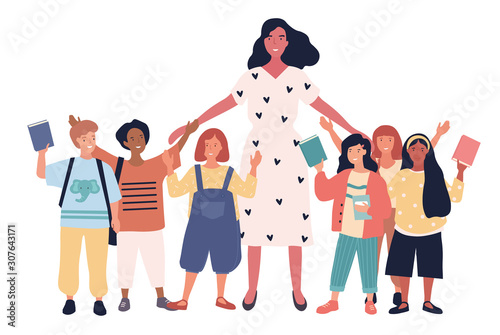 Group of joyful multiethnic schoolchildren and female teacher standing together. Pretty young woman and happy kids isolated on white background. Flat vector illustration.