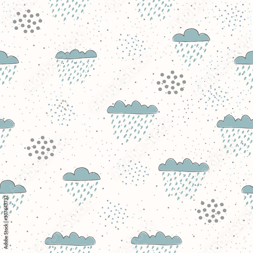 Cute Cloud seamless Pattern. Scandinavian Hand Drawn Style. Rainy Day. Dotted Background