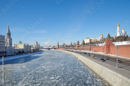 View of the Kremlin and Sofiyskaya embankments in early spring. Moscow, Russia