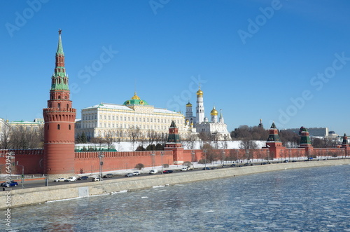 Beautiful view of the Moscow Kremlin and the Kremlin embankment in early spring. Moscow, Russia