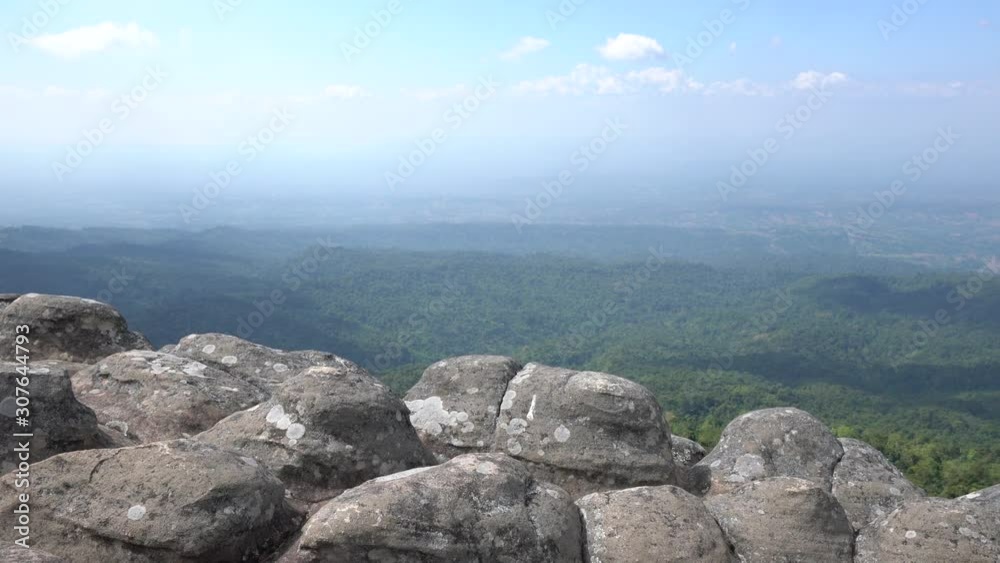 Natural view at ancient node (or hump) stone yard, one of famous travel landmark in Phu Hin Rong Kla national park - Thailand. Pan up footage in 4K clip. Natural view at ancient node (or hump) stone yard, one of famous travel landmark in Phu Hin Rong Kla national park - Thailand. Pan up footage in 4K clip.