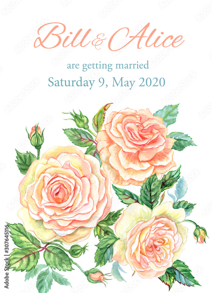 Template with delicate roses for wedding invitations, anniversary, birthday, romantic events. Flower arrangement with roses on a white background.