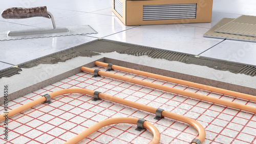 Cuadro en lienzo Process of laying tiles on floor with underfloor heating, 3d illustration