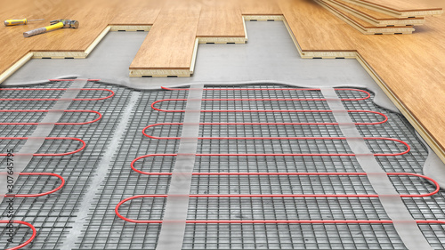 Bild auf Leinwand Process of laying parquet boards on floor with underfloor heating, 3d illustrati