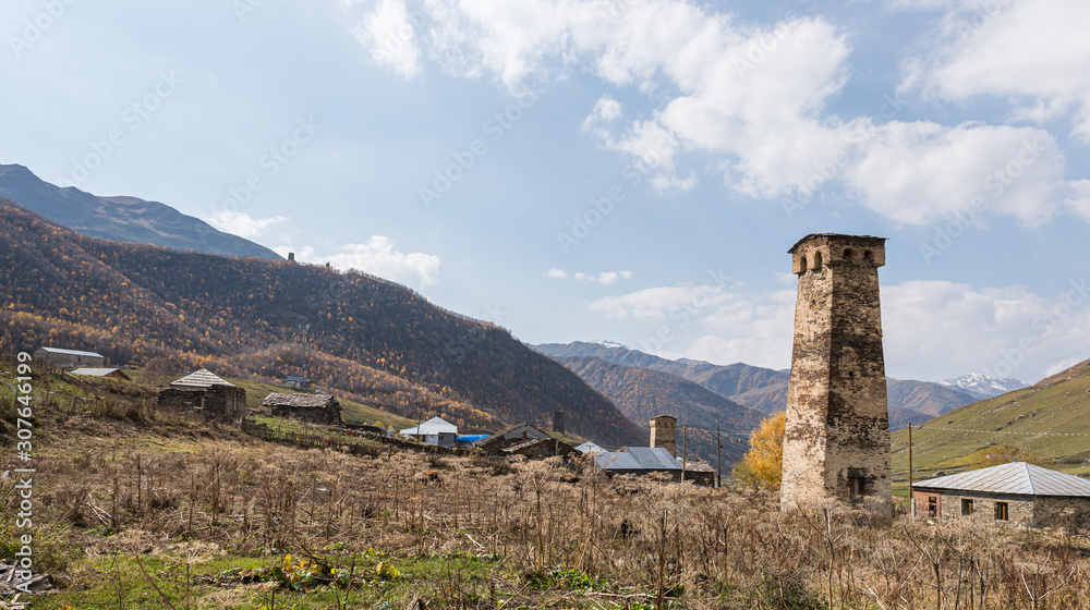 Ushguli  village on a background of mountains in Svaneti in the mountainous part of Georgia