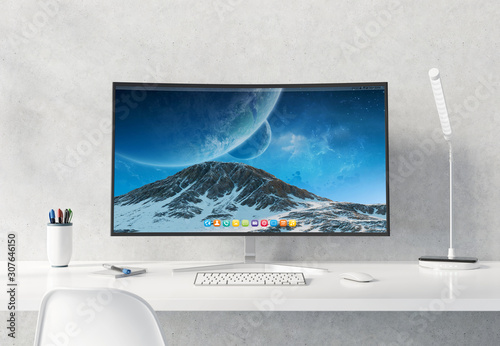 Fotografie Curved monitor on white desktop concrete interior mockup 3D rendering