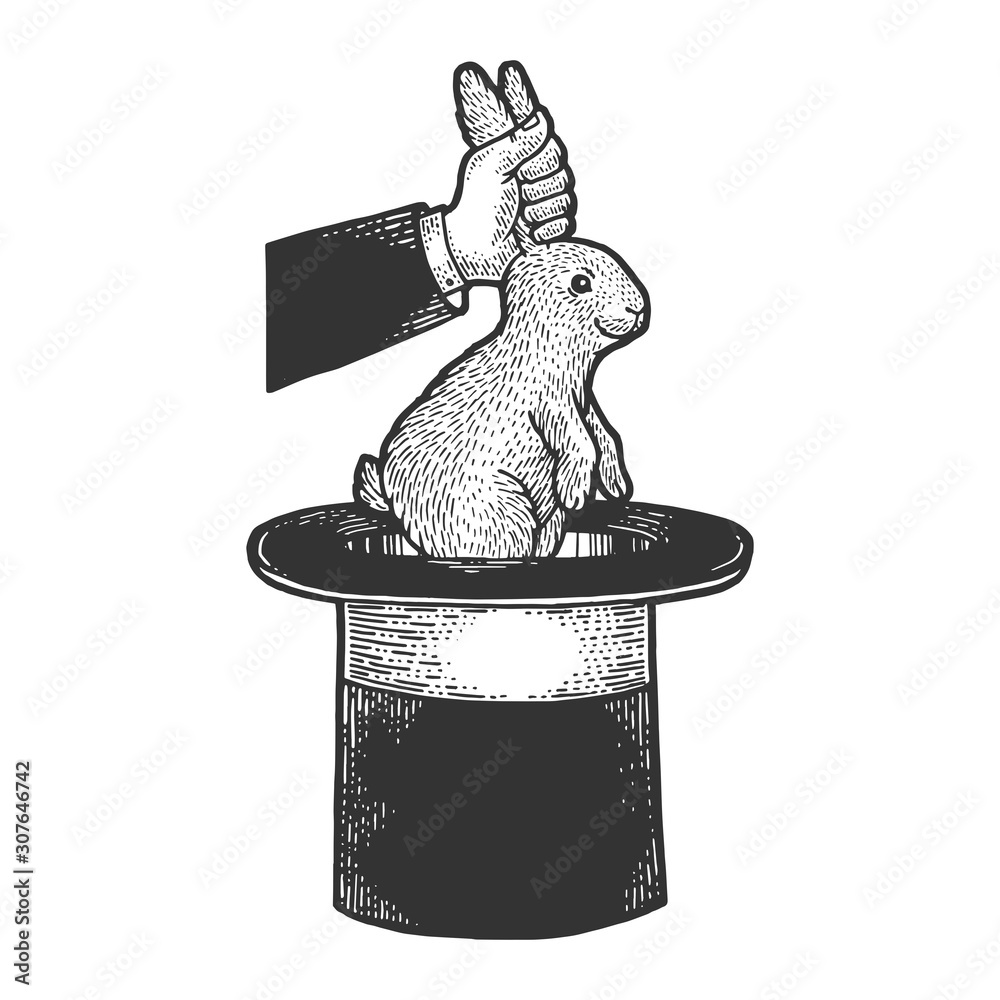 Fototapeta premium Circus illusionist takes rabbit out of the cylinder top hat sketch engraving vector illustration. T-shirt apparel print design. Scratch board style imitation. Black and white hand drawn image.