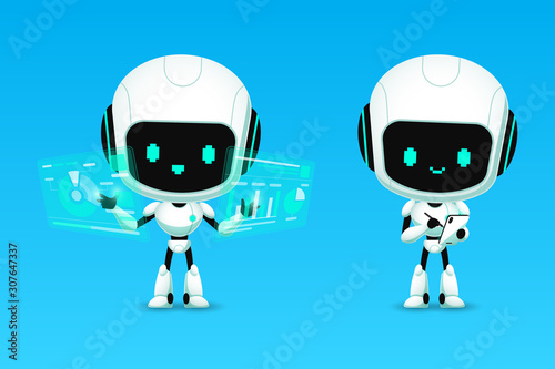 Set of cute robot ai character analyze and note action,