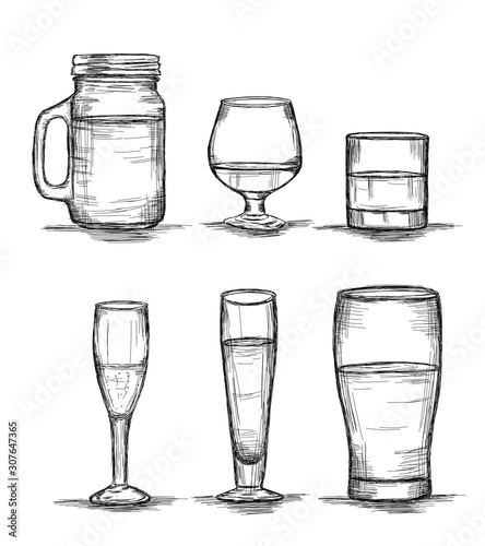 Six Glasses Collection - Mason Jar, Wine, whisky, champagne, beer Vector Illustration