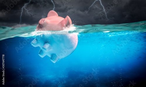 Foto piggybank floats in the stormy sea