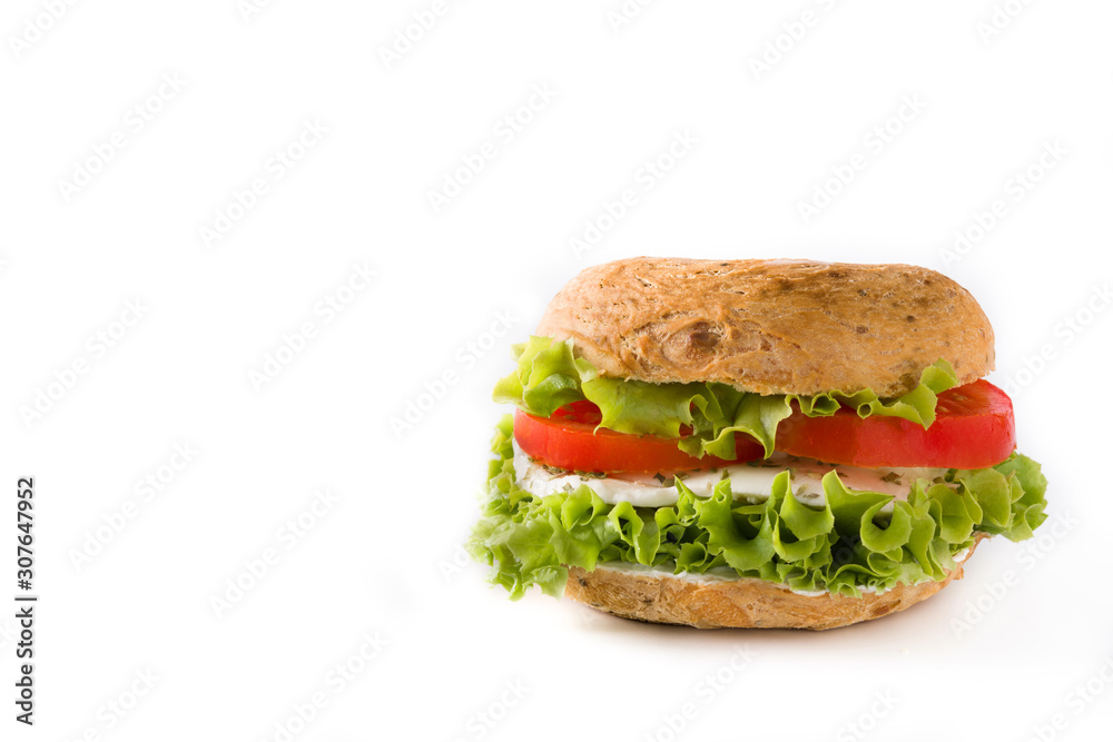 Vegetable bagel sandwich with tomato, lettuce, and mozzarella cheese isolated on white background Vegetable bagel sandwich with tomato, lettuce, and mozzarella cheese isolated on white background