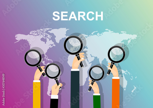 hands holding a magnifying glass. Concept of searching, detecting and analyzing. vector illustration in flat design