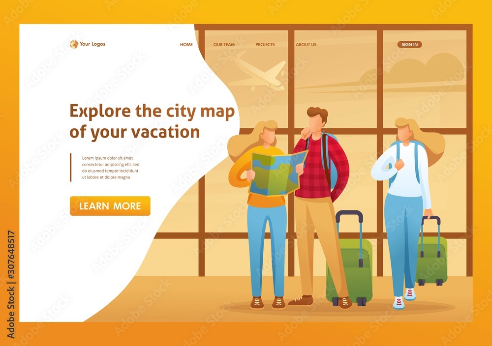Explore the city map of your holiday, tourists explore the map at the airport. Flat 2D character. Landing page concepts and web design Explore the city map of your holiday, tourists explore the map at the airport. Flat 2D character. Landing page concepts and web design