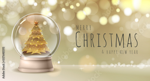 Realistic vector illustration of snow globe with golden christmas tree inside. Blurred holiday christmas sparkle background